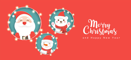 Merry Christmas and happy new year banner with cute Santa Clause and friends.