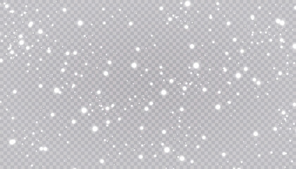 White snow flies on a transparent background. Christmas snowflakes. Winter blizzard background illustration.
