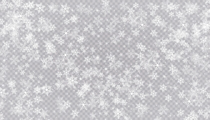 White snow flies on a transparent background. Christmas snowflakes. Winter blizzard background illustration.
