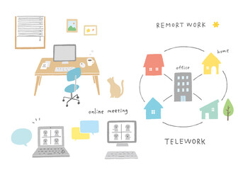 テレワークとオンラインミーティングの手描きイラスト（カラー）