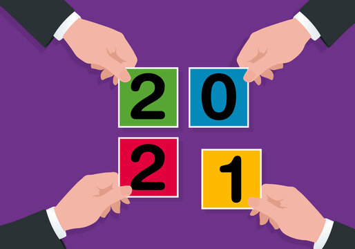 Carte de vœux sous le signe du partenariat et de l’union des compétences, avec le symbole de 4 mains tenant des carrés de couleurs pour former le chiffre 2021.