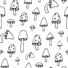 Vector autumn background. Black and white mushroom seamless pattern