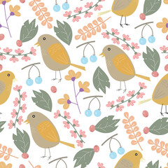 flowers, berries and birds seamless pattern vector design