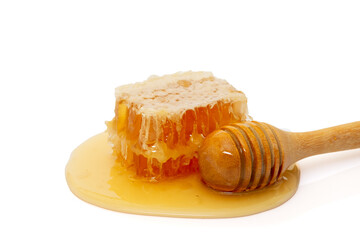 Honeycomb isolated on white background, closeup of honey