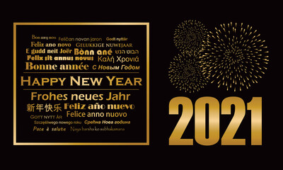 Happy New Year 2021 Greeting Card in Different Languages, vector