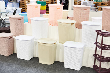 Plastic household containers in store