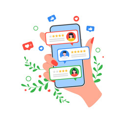 Rating review bubble. Reviewers texting on cellphone app, choice bad or good 5 star ratings.