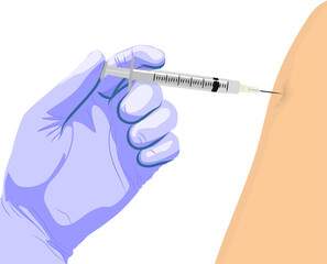 Vector illustration on a medical theme. Image of the process of injecting the vaccine with a syringe into the shoulder Doctor's hand in blue rubber gloves makes an injection against an infectious