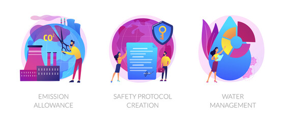 Controlling pollution icons set. Limiting pollutants into air, water and land. Emission allowance, safety protocol creation, water management metaphors. Vector isolated concept metaphor illustrations.
