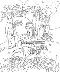 Fototapeta na wymiar Adult coloring page, book. Pretty girl with guitar. Gypsy. Princess.Zen art style illustration. A printable coloring page for all ages.