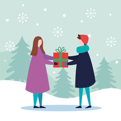 merry christmas boy and girl kids with gift design, winter season and decoration theme Vector illustration