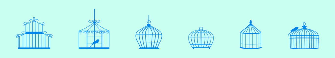 set of birds and birdcages modern cartoon icon design template with various models. vector illustration isolated on blue background