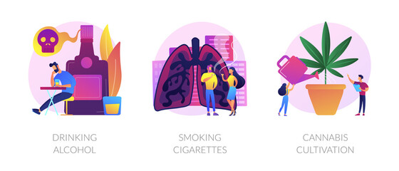 Booze dependence, nicotine addiction, marijuana growing icons set. Drinking alcohol, smoking cigarettes, cannabis cultivation metaphors. Vector isolated concept metaphor illustrations
