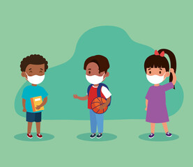 New normal school of girl and boys kids with masks design of covid 19 virus and prevention theme Vector illustration