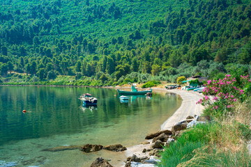 Scenic view of the beach and old harbor of Gialtra, in North Euboea (Evia), Greece.
