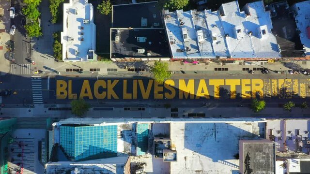 Descending Aerial Shot of Black Lives Matter Street Mural in Brooklyn