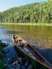 Fly fishing boat on Matapedia River, Quebec