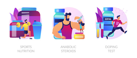 Active lifestyle, illegal substances use, professional sportsman examination icons set. Sports nutrition, anabolic steroids, doping test metaphors. Vector isolated concept metaphor illustrations