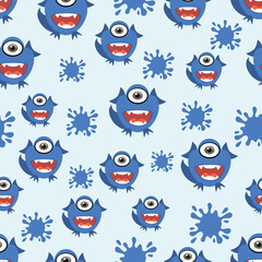 Seamless cartoon monsters pattern. Vector pattern of funny monsters and blots.