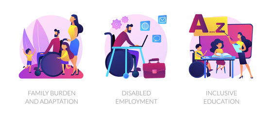 Handicapped people support and rehabilitation flat icons set. Social adaptation of disabled people, disabled employment, inclusive education metaphors. Vector isolated concept metaphor illustrations.