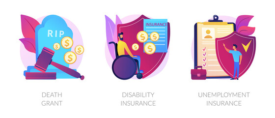 Deceased employee funeral expenses coverage. Disabled individuals allowance. Death grant, disability insurance, unemployment insurance metaphors. Vector isolated concept metaphor illustrations.