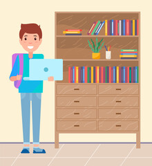 Student with laptop and backpack smiling, pupil standing near cabinet with books and decoration, young guy or boy portait and modern technology, vector cartoon character studying in internet