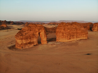 Morning sunrise aerial views of Elephant Rock (Jabal AlFil) in Al Ula, Western Saudi Arabia