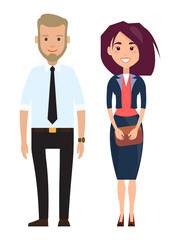 Obraz premium Stylish businesspeople wearing office suits. Businessman in shirt, tie and trousers with belt, hand watch. Businesswoman smiling wear elegance jacket and dress, holding hand bag. Office dresscode