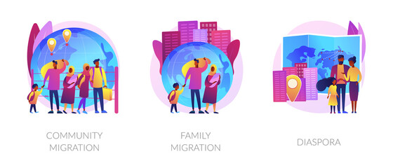 Refugees, forced displacement metaphors. Community and family migration, diaspora, asylum seekers. Country borders illegal crossing abstract concept vector illustration set.