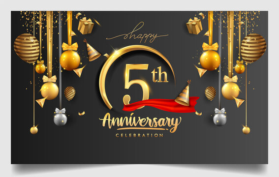 5th years anniversary design for greeting cards and invitation, with balloon, confetti and gift box, elegant design with gold and dark color, design template for birthday celebration.