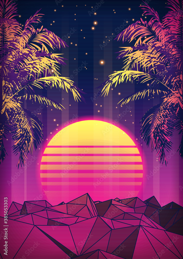Wall Mural: Retro 80s Style Tropical Sunset with Palm Tree Silhouette ...