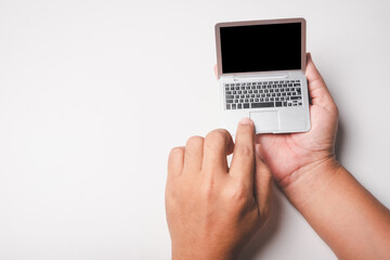 man using minimal laptop on  white background