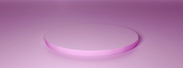 Thin flat disc pedestal for product photography. Pink background for placing the subject. 3D rendering.