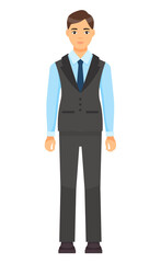 Isolated cartoon character businessman wearing stylish coat, vest and trousers, blue tie. Man in blue shirt. Business person style. Dresscode of office worker. Brown-haired guy, cloth element