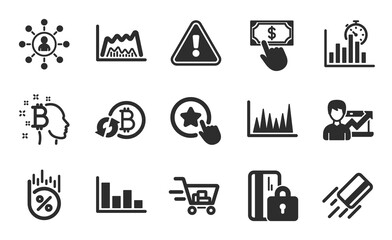 Credit card, Trade chart and Shopping cart icons simple set. Report timer, Payment click and Networking signs. Refresh bitcoin, Histogram and Loan percent symbols. Flat icons set. Vector
