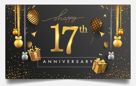17th years anniversary design for greeting cards and invitation, with balloon, confetti and gift box, elegant design with gold and dark color, design template for birthday celebration.
