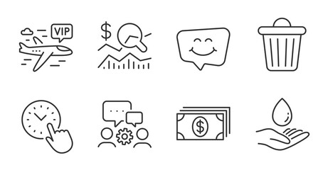 Banking, Vip flight and Engineering team line icons set. Water care, Trash bin and Smile chat signs. Check investment, Time management symbols. Money payment, Charter airplane, Teamwork. Vector