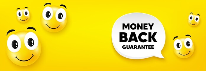 Money back guarantee. Smile face with speech bubble. Promo offer sign. Advertising promotion symbol. Smile character. Money back guarantee speech bubble icon. Yellow face background. Vector