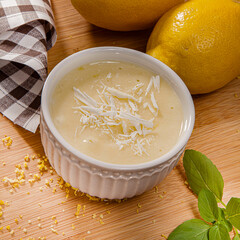 Sicilian Lemon Mousse with Lemon Slices and Fruit in the Background