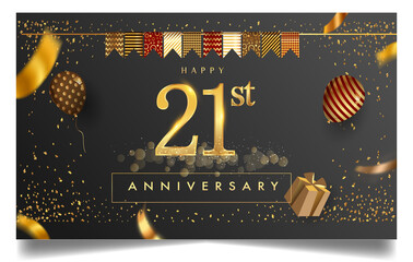 21st years anniversary design for greeting cards and invitation, with balloon, confetti and gift box, elegant design with gold and dark color, design template for birthday celebration.