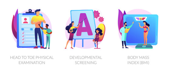 General health check up icons cartoon set. Head to toe physical examination, developmental screening, Body Mass Index BMI metaphors. Vector isolated concept metaphor illustrations.