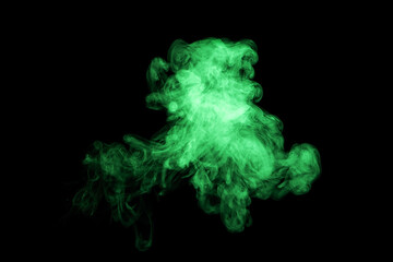 Abstract isolated green moving cloud of smoke on black background. Chaotic puff. Explosion. 
