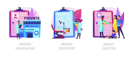 Private medical services abstract concept vector illustration set. Private healthcare, dentistry, family doctor practitioner. Non-governmental general medical treatment, primary care abstract metaphor