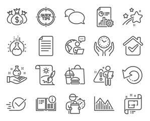 Education icons set. Included icon as Checkbox, Chemistry lab, Investment graph signs. Chemistry experiment, File, Instruction info symbols. Messenger, Check investment, Architectural plan. Vector