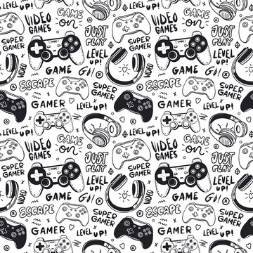 Seamless pattern with joysticks, text and headphones for a boy. Hand drawing, typography, cool background for game designs. Print for children's textiles, paper, T-shirts. Doodles and lettering.