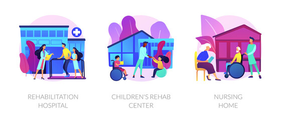Rehabilitation service and support, medical recovery programs. Rehabilitation hospital, children rehab center, nursing home metaphors. Vector isolated concept metaphor illustrations.