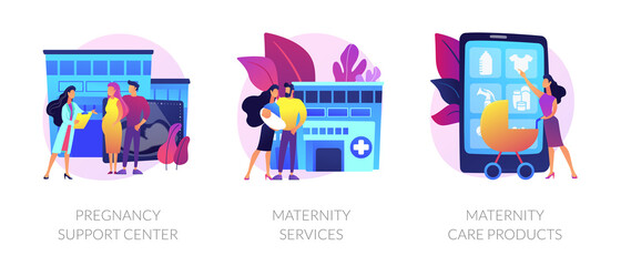 Expectant mother healthcare, safe pregnancy and childbirth. Pregnancy support center, maternity services, maternity care products metaphors. Vector isolated concept metaphor illustrations.