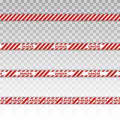 Caution tape set of red warning ribbons. Warning tapes. Danger signs. Vector illustration.