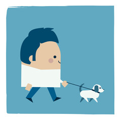 man walking his dog - Kawaii cartoon character business illustration