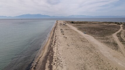 Drone photo over an amazing tropical beach in Epanomi, Chalkidiki, Greece